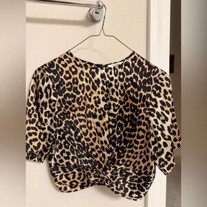 Ganni Leopard Print Short Sleeve Twist Front Top in Tan and Black